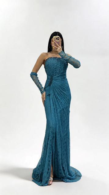 Petrol Blue Strapless Lace Evening Dress with Stone Buckle