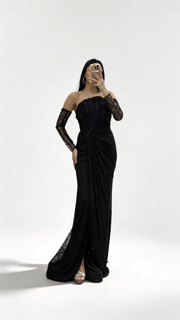 Black Strapless Lace Evening Dress with Stone Buckle