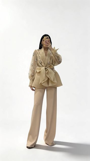 Nude Pearl Embellished Chiffon Jacket and Formal Trousers Set