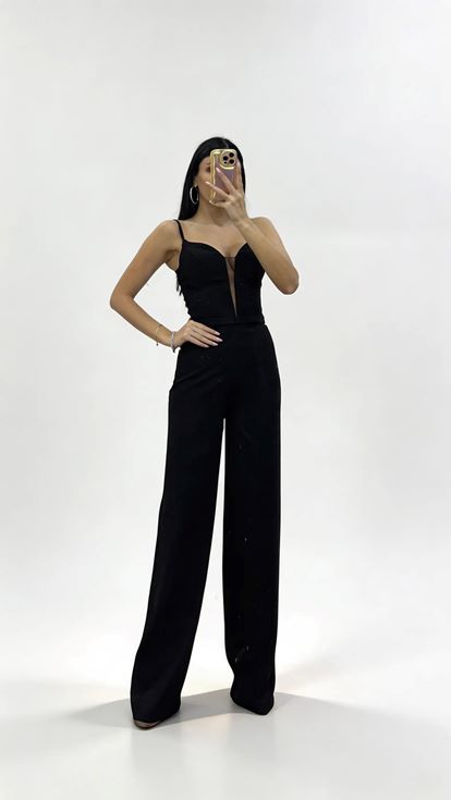 Set aus schwarzem  perlenbesetztem Chiffon Jacket und eleganter Hose