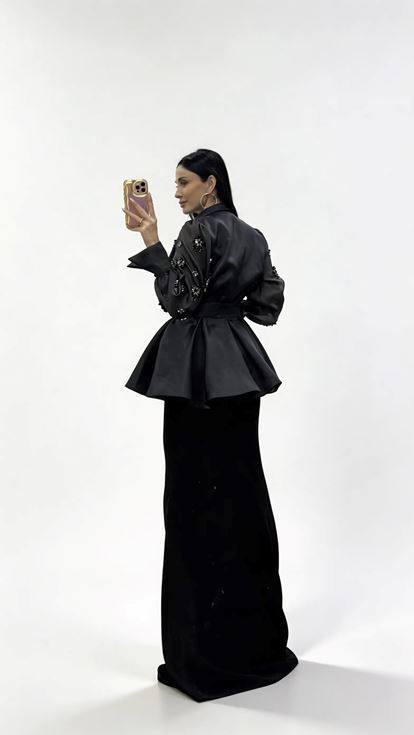 Siyah İnci İşlemeli Şifon Ceketli  İç Elbiseli Abiye Takım