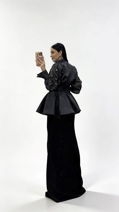 Siyah İnci İşlemeli Şifon Ceketli  İç Elbiseli Abiye Takım