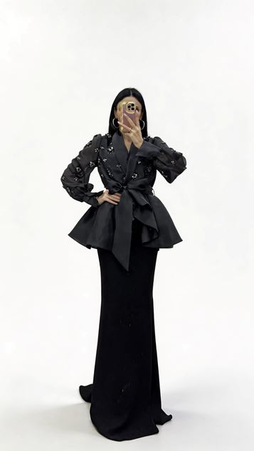 Evening Gown Set with Black Pearl Embellished Chiffon Jacket and Slip Dress