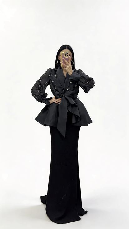 Siyah İnci İşlemeli Şifon Ceketli  İç Elbiseli Abiye Takım