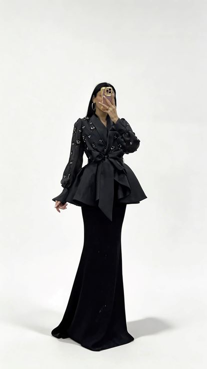 Siyah İnci İşlemeli Şifon Ceketli  İç Elbiseli Abiye Takım