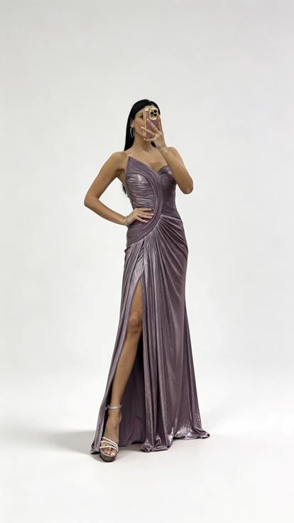 Lila Asimetrik Kavis Drapeli Straplez Abiye Elbise