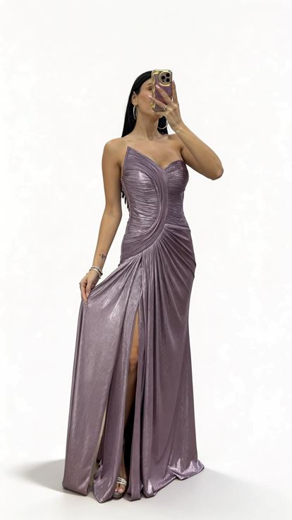 Lila Asimetrik Kavis Drapeli Straplez Abiye Elbise