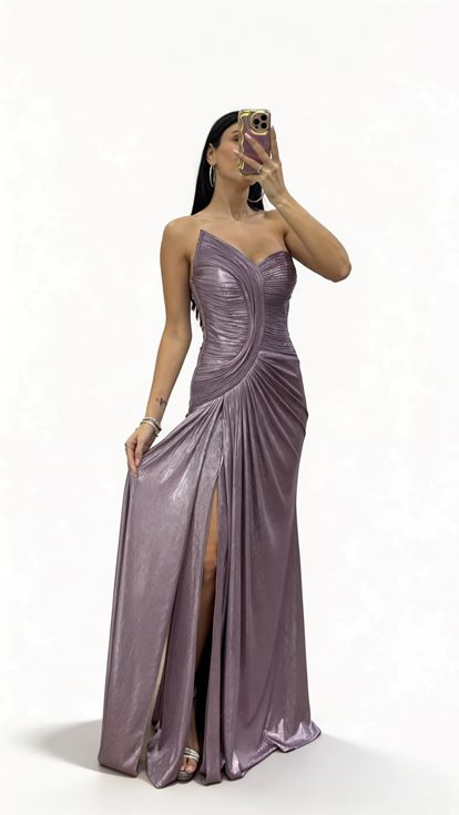 Lila Asimetrik Kavis Drapeli Straplez Abiye Elbise