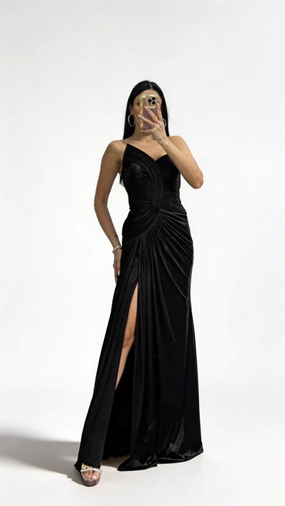 Siyah Asimetrik Kavis Drapeli Straplez Abiye Elbise