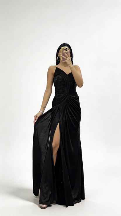 Siyah Asimetrik Kavis Drapeli Straplez Abiye Elbise