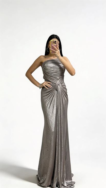 Taş Drapeli Düğüm Detaylı Uzun Abiye Elbise