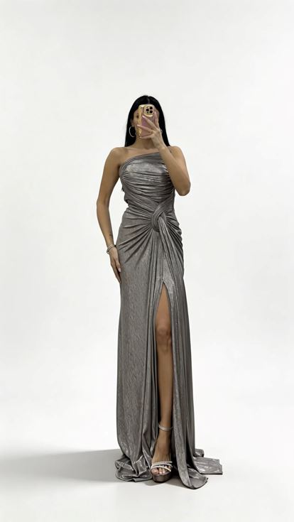 Taş Drapeli Düğüm Detaylı Uzun Abiye Elbise