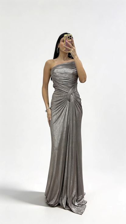 Taş Drapeli Düğüm Detaylı Uzun Abiye Elbise