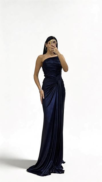 Navy Blue Draped Long Evening Dress with Knot Detail