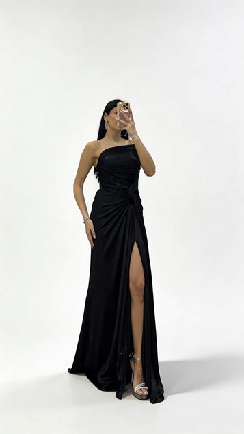 Black Draped Long Evening Dress with Knot Detail