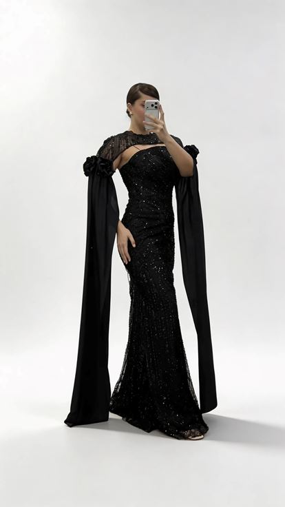 Schwarzes  langes Abendkleid aus Satin mit Cape Ärmeln in Übergröße und floralen Details