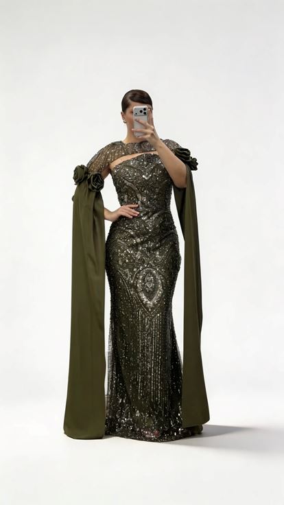 Langes  khakifarbenes Abendkleid aus Satin in Übergröße mit floralen Details und Cape Ärmeln