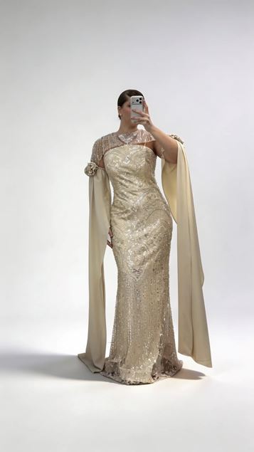 Abendkleid in Übergröße mit langem Satincape und goldenen Blumenapplikationen