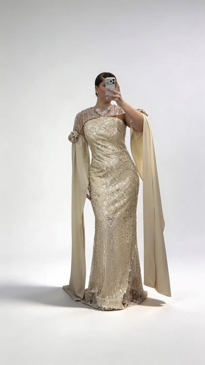 Abendkleid in Übergröße mit langem Satincape und goldenen Blumenapplikationen