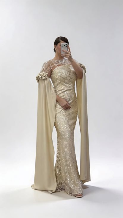 Abendkleid in Übergröße mit langem Satincape und goldenen Blumenapplikationen
