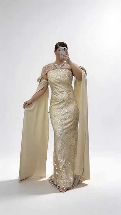 Abendkleid in Übergröße mit langem Satincape und goldenen Blumenapplikationen