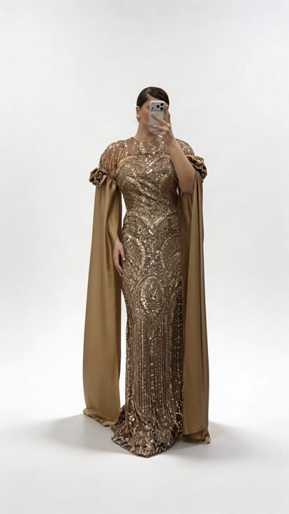 Braunes  langärmeliges Abendkleid aus Satin mit floralem Detail und Cape Ärmeln in Übergröße