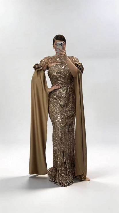 Braunes  langärmeliges Abendkleid aus Satin mit floralem Detail und Cape Ärmeln in Übergröße