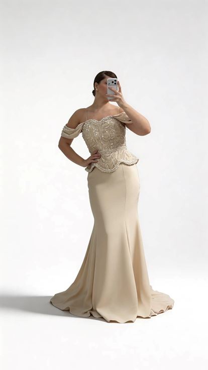 Goldfarbenes Abendkleid in Übergröße mit überschnittenen Ärmeln  Perlenbesatz und Schößchen