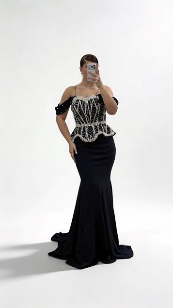 Lacivert Düşük Kol İnci Detaylı Peplum Kesim Büyük Beden Abiye Elbise