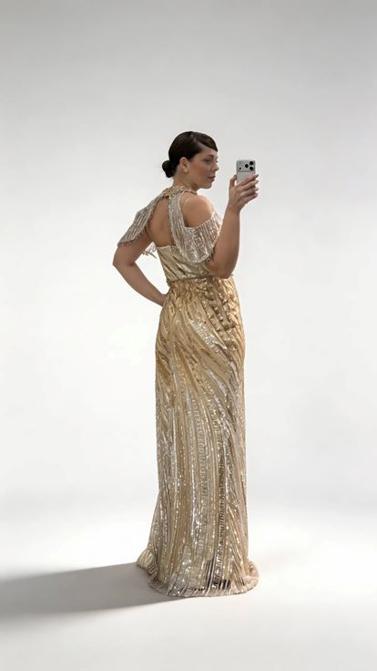 Goldenes Neckholder Abendkleid in Übergröße mit Schalkragen  Pailletten und Pailletten