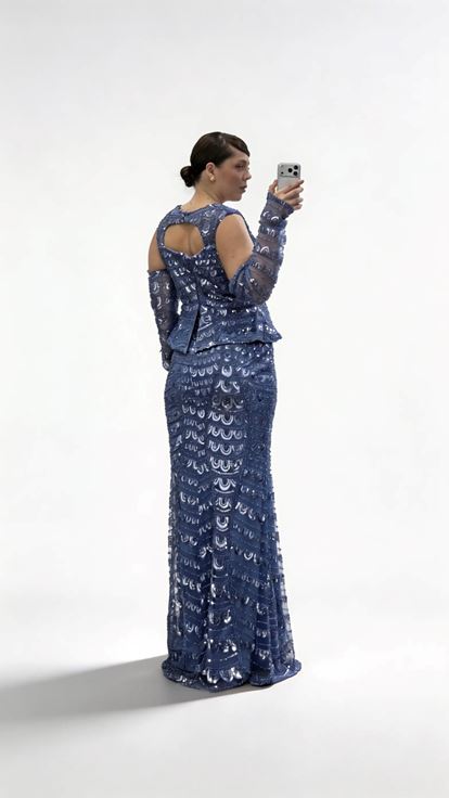 İndigo Omzu Açık Uzun Kollu Pul Payet Büyük Beden Abiye Elbise