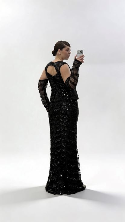 Schwarzes schulterfreies  langärmeliges Pailletten Abendkleid in Übergröße