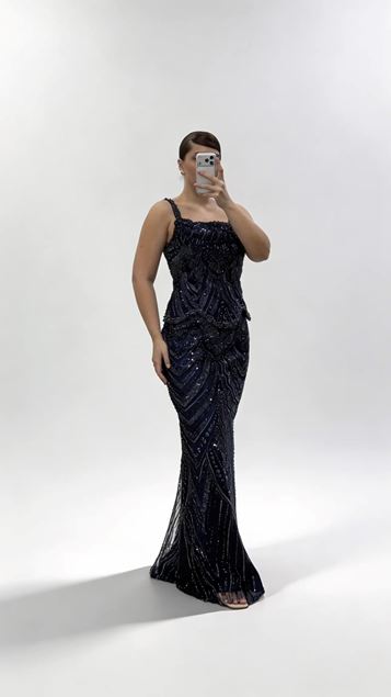 Lacivert Dalga Form Peplum Detaylı Kalın Askılı Büyük Beden Abiye Elbise