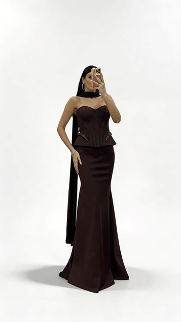 Brown Corset Stitching  Waist Emphasis Peplum Design Long Evening Dress