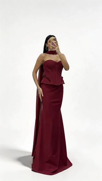 Burgundy Corset Stitching  Waist Emphasis Peplum Design Long Evening Dress