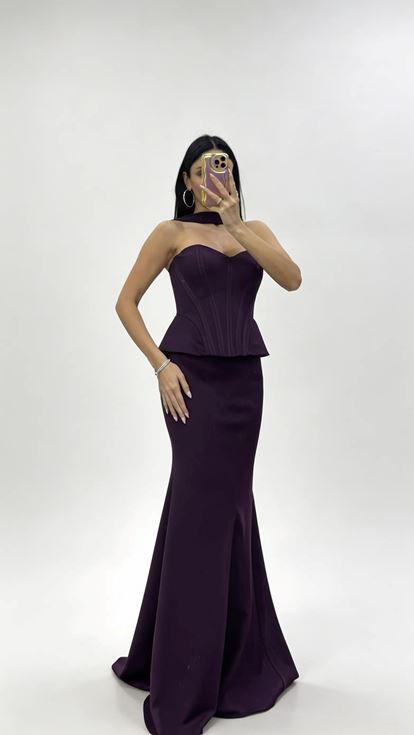 Mor Korse Dikiş Hatlı  Bel Vurgulu Peplum Tasarım Uzun Abiye Elbise