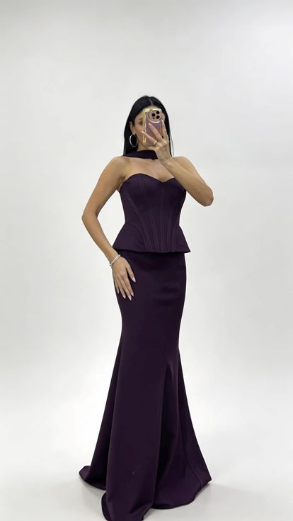 Mor Korse Dikiş Hatlı  Bel Vurgulu Peplum Tasarım Uzun Abiye Elbise