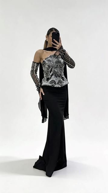 Black Strapless Beaded Corset Top Evening Dress