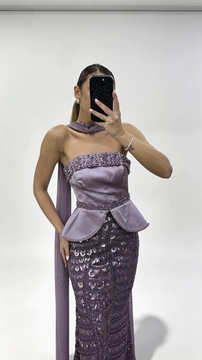 Lila Şal Boncuklu  Peplum Formlu Eteği Tül Boncuklu Abiye Elbise
