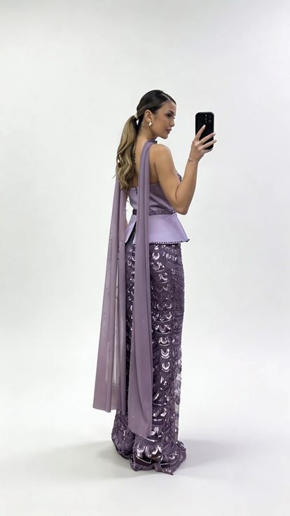 Lila Şal Boncuklu  Peplum Formlu Eteği Tül Boncuklu Abiye Elbise