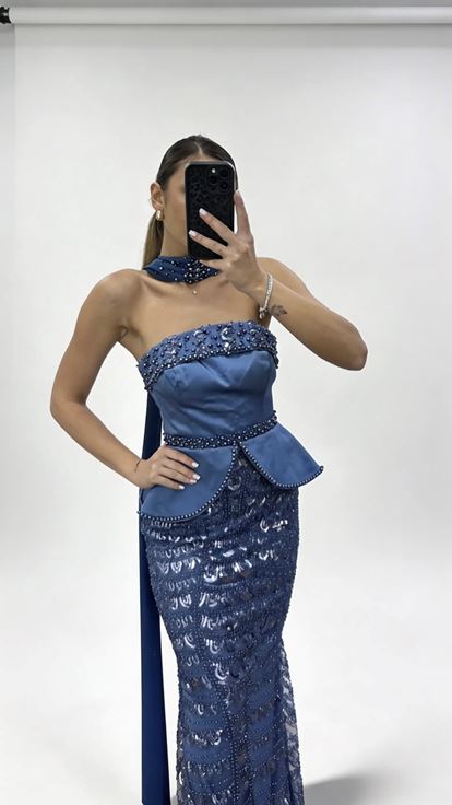 İndigo Şal Boncuklu  Peplum Formlu Eteği Tül Boncuklu Abiye Elbise