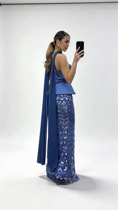 İndigo Şal Boncuklu  Peplum Formlu Eteği Tül Boncuklu Abiye Elbise