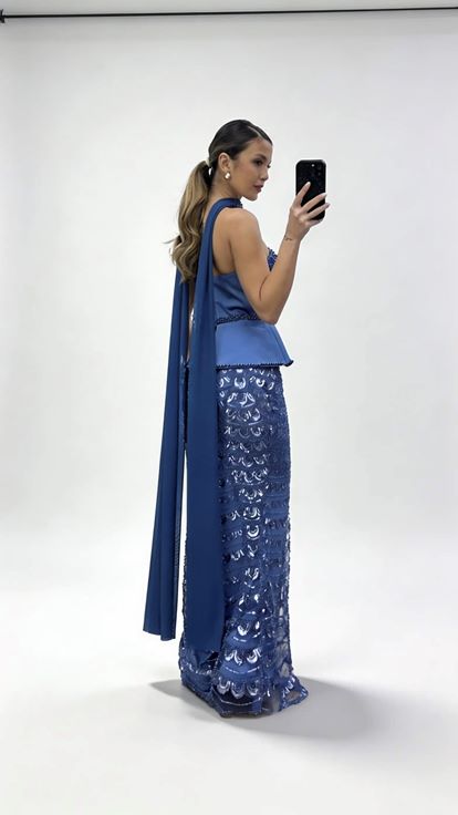 İndigo Şal Boncuklu  Peplum Formlu Eteği Tül Boncuklu Abiye Elbise