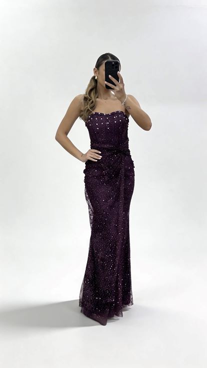 Mürdüm Straplez  Drapeli Işıltılı Dantel Abiye Elbise