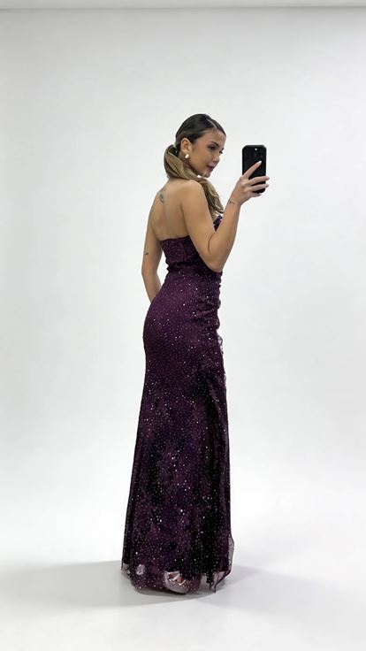 Mürdüm Straplez  Drapeli Işıltılı Dantel Abiye Elbise