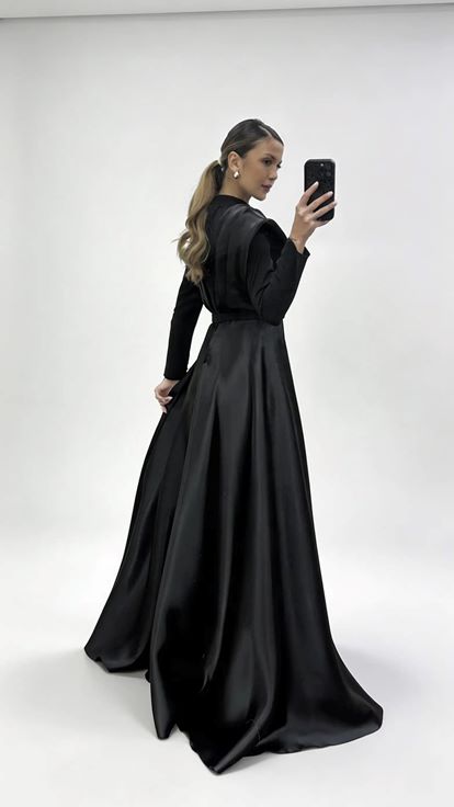 Siyah Hakim Yaka Omuz Drape Detaylı Tesettür Abiye Elbise