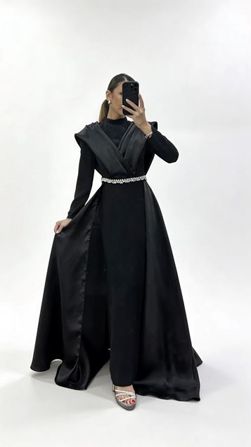 Siyah Hakim Yaka Omuz Drape Detaylı Tesettür Abiye Elbise