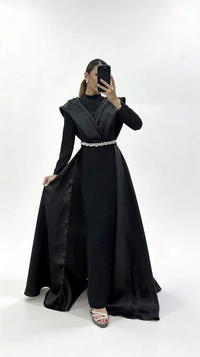 Siyah Hakim Yaka Omuz Drape Detaylı Tesettür Abiye Elbise