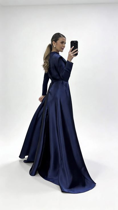 Lacivert Hakim Yaka Omuz Drape Detaylı Tesettür Abiye Elbise