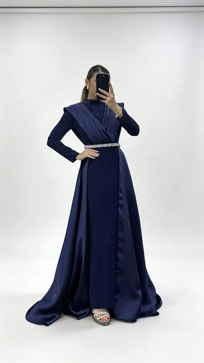 Lacivert Hakim Yaka Omuz Drape Detaylı Tesettür Abiye Elbise